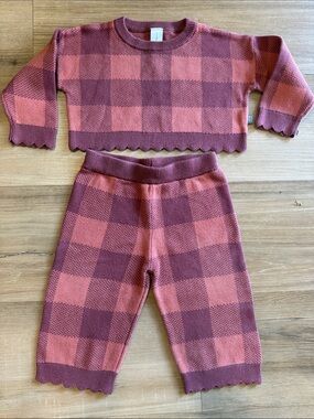 Girls Pink & Rose Plaid 2 piece Knit Set, 18 mos